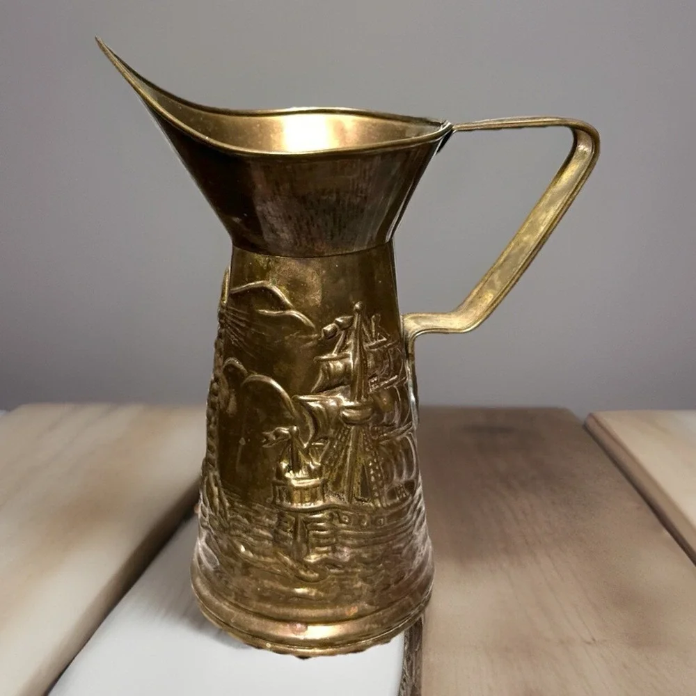 Vintage Peerage England Brass Pitcher Nautical Scene 6.5